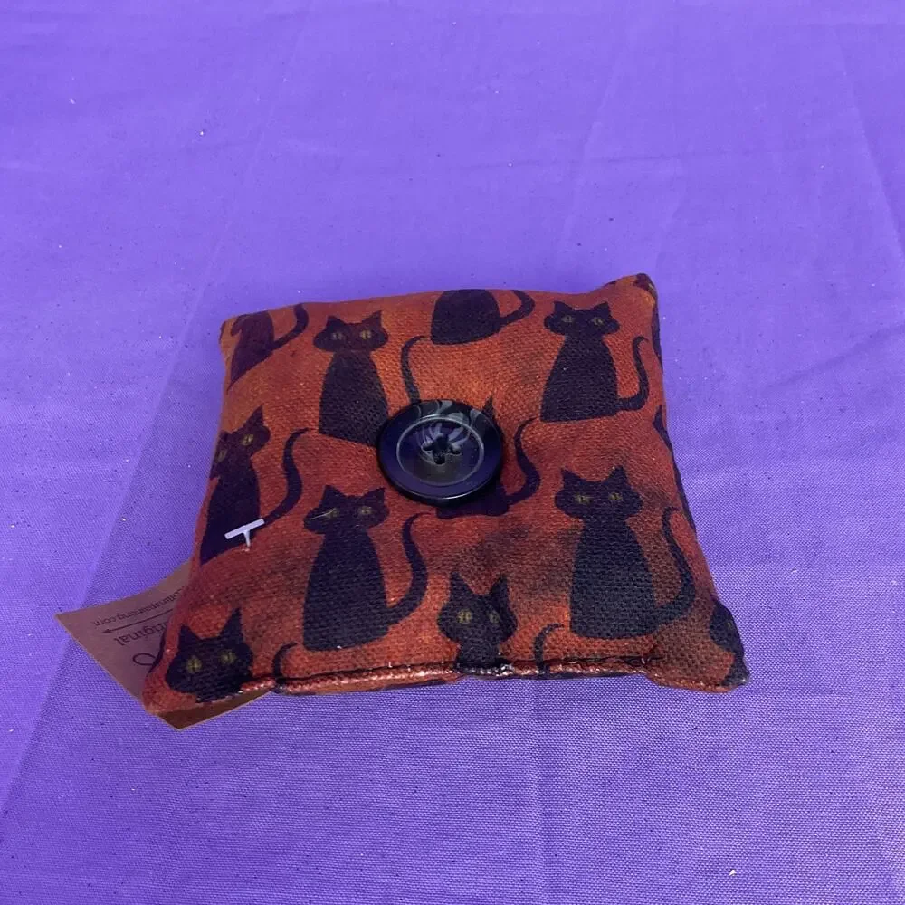 Collins Halloween Fabric Bowl Filler Pillow Orange Black Cat Print Button Accent